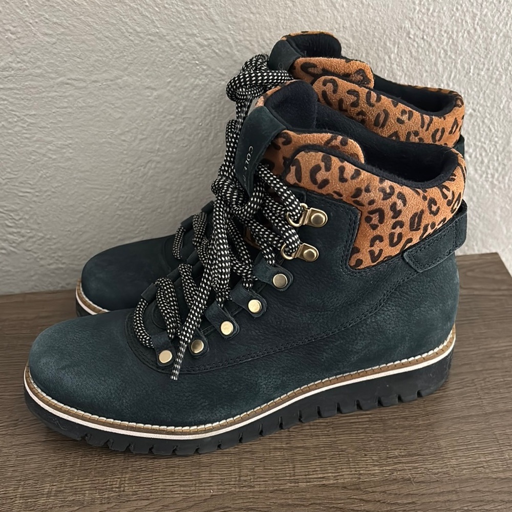 Cole Haan Green and Leopard Lace-Up Boots